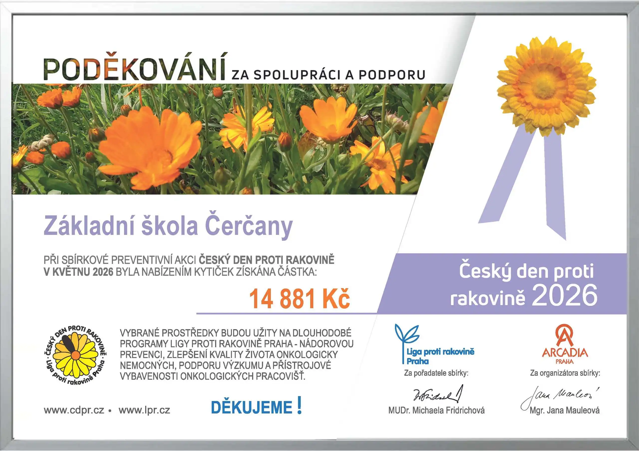 Certifikát s poděkováním: Český den proti rakovině 2026